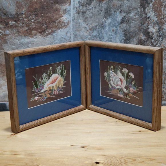 VTG Crewel Embroidery Pair Seashells Wildflowers Framed Hanging Wall Decor - Picture 7 of 13